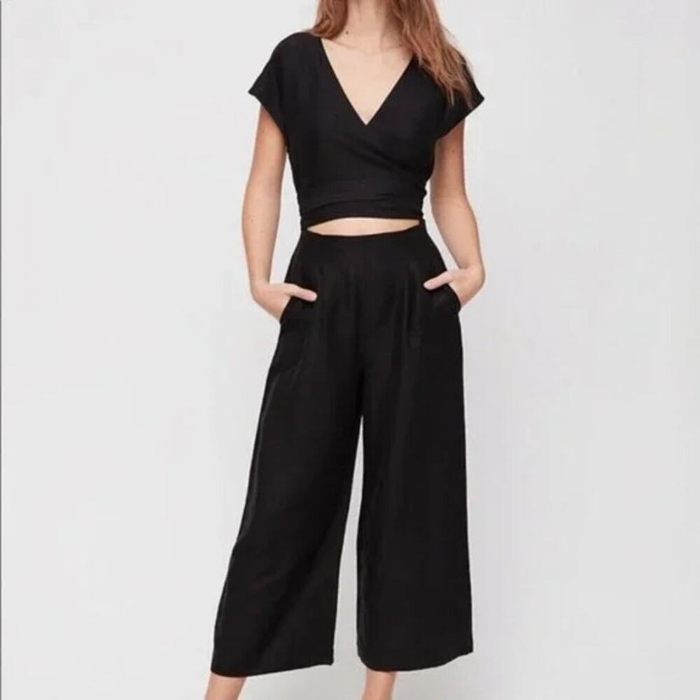 WILFRED Aritzia Brax Linen Blend Wrap Wide Leg Cut Out Jumpsuit Size 0 Black - Picture 2 of 10